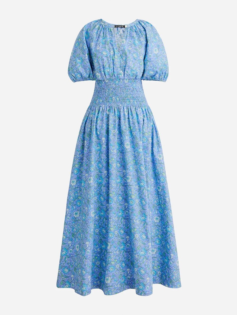J.Crew Puff-Sleeve Smocked-Waist Midi Dress in Blue Floral Blue Floral
